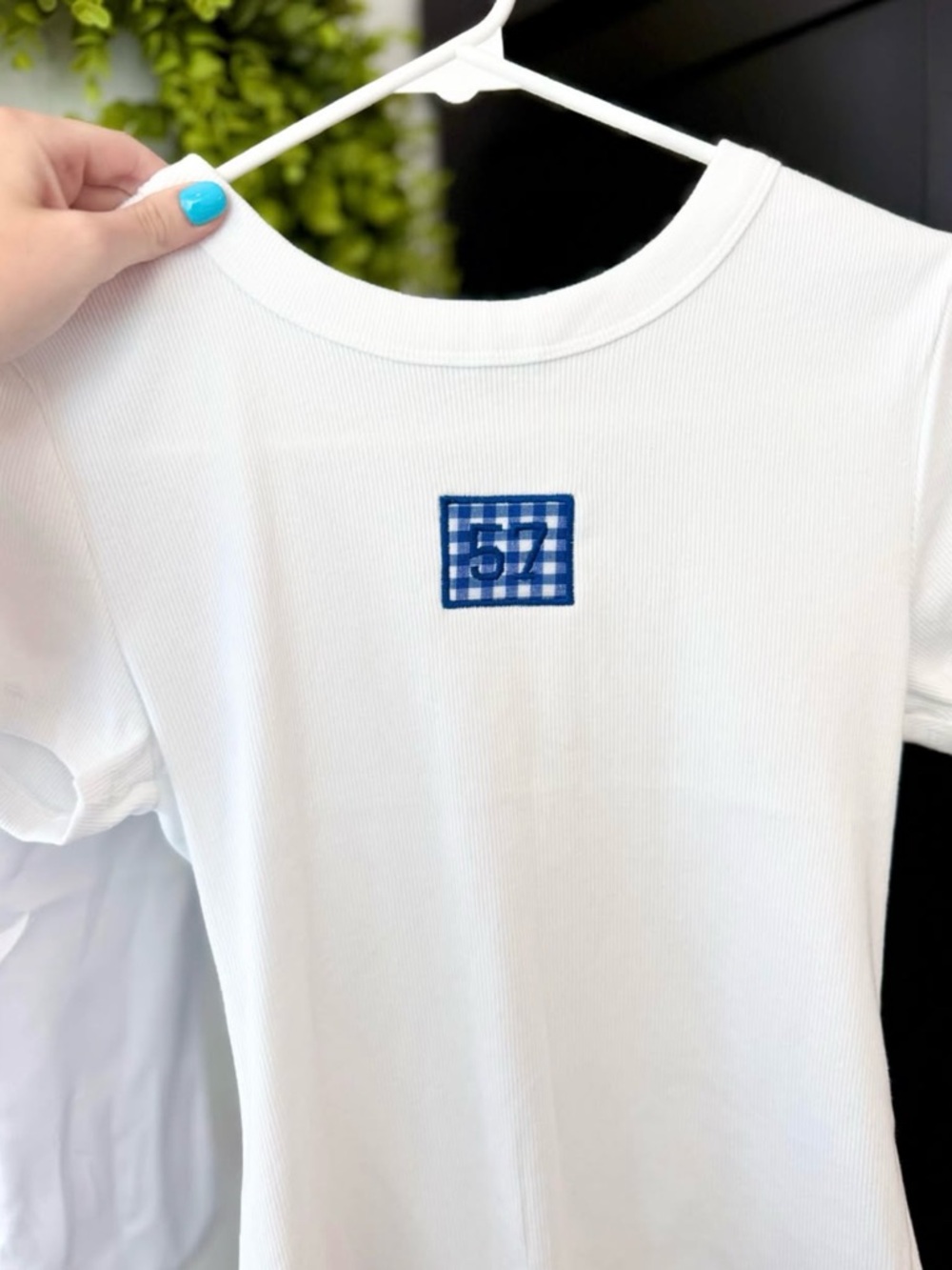White Tee with Blue Gingham Patch #57